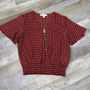 Women’s Red Geometric Michael Kors Blouse Zipper Top Deep V-Neck w Elastic Waist